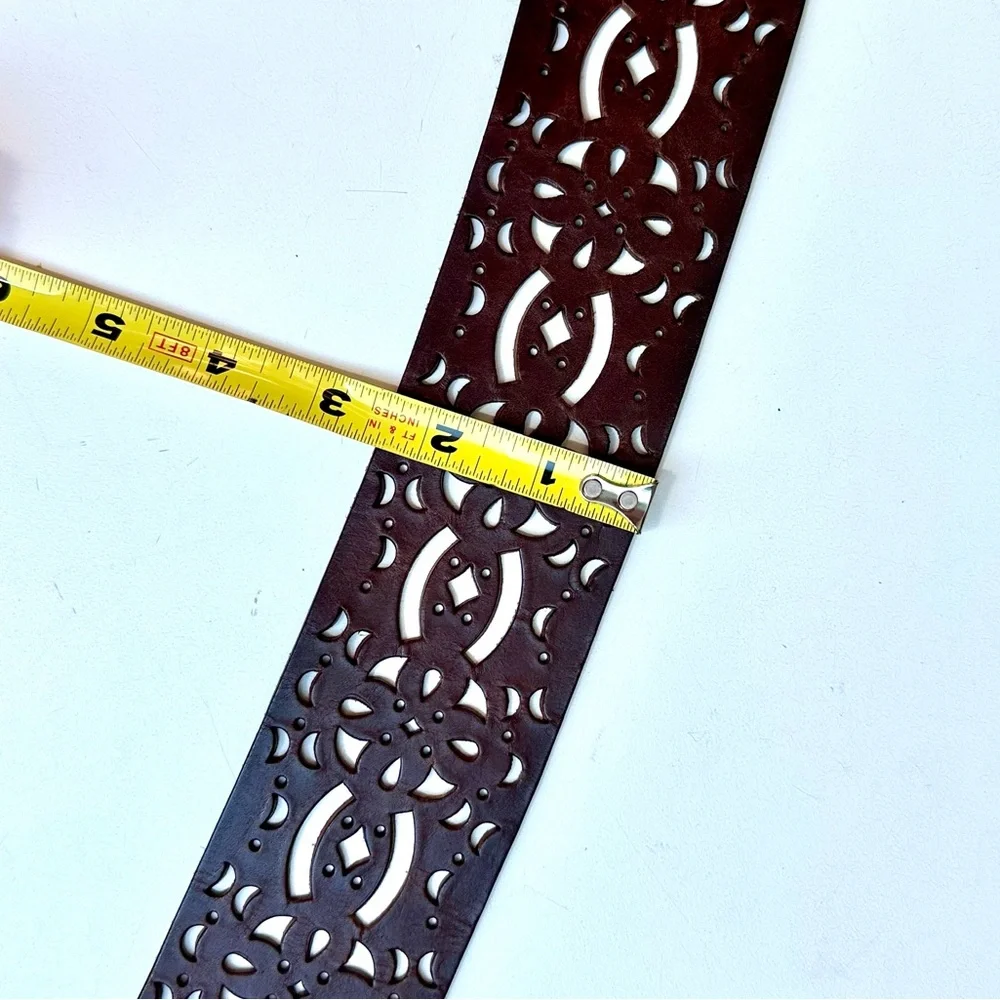 Elegant Leather Cutout Belt, Fringe Ties, Dark Brown